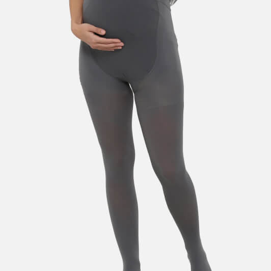 Pregnant mom wearing gray maternity compression tights