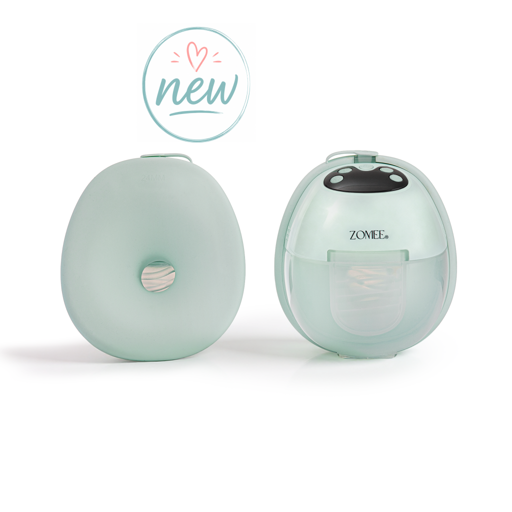 Zomee Mother's Nature W1 warming wearable breast pump, front and back view